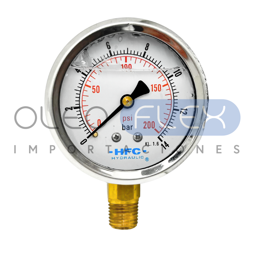 MANOMETRO C/GLIC. INOX/BR. DIAM. 63MM/2.5" CONEXION 1/4 NPT INFERIOR RANGO 0-14BAR/200PSI